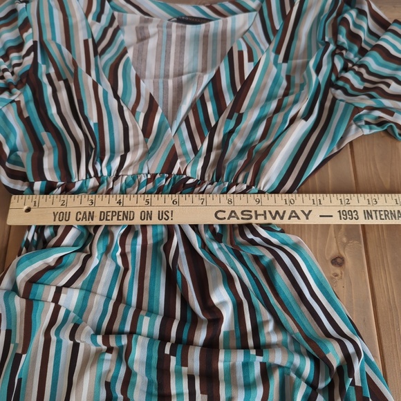 BCBGMaxAzria Retro Teal Blue Brown Striped Dress V Neck 3/4 Sleeves - Picture 10 of 13